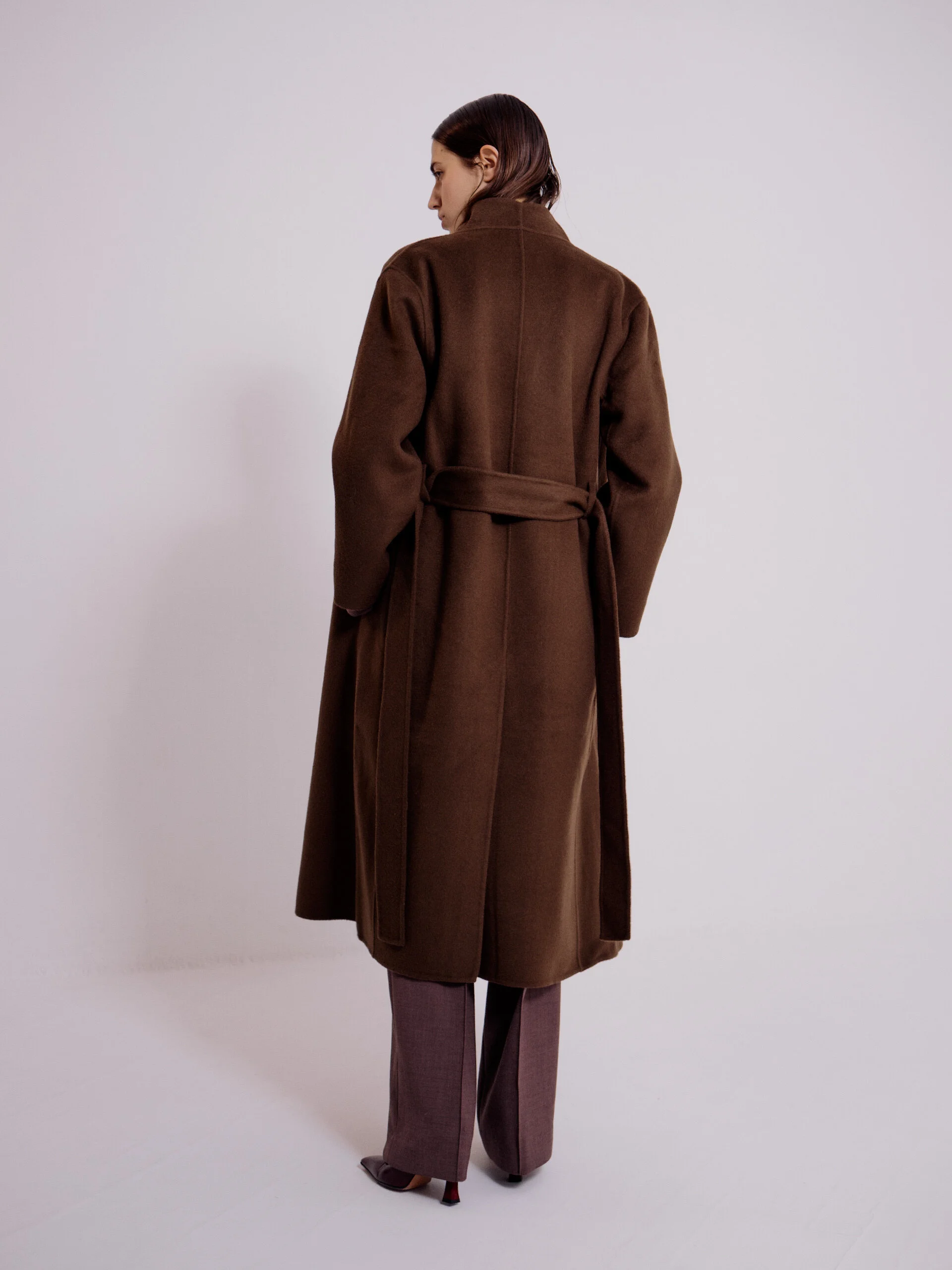 CASHMERE BLEND HANDMADE BELTED COAT - OLIVE BROWN — MIJEONG PARK